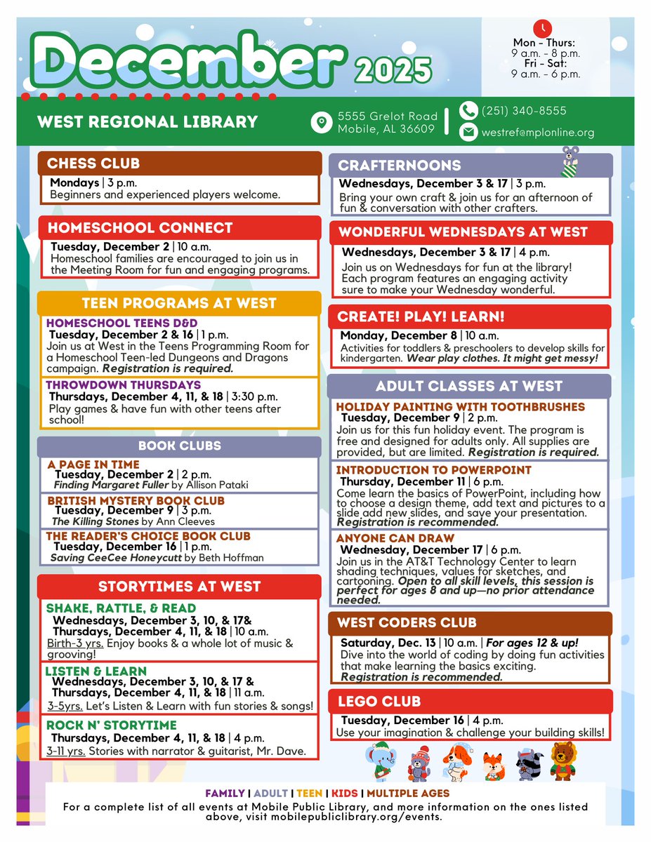 MobPubLib's tweet image. Cozy up with our December events at West Regional Library! 🎄📚 See what’s happening: #MobileAL #WestMobile #MobilePublicLibrary