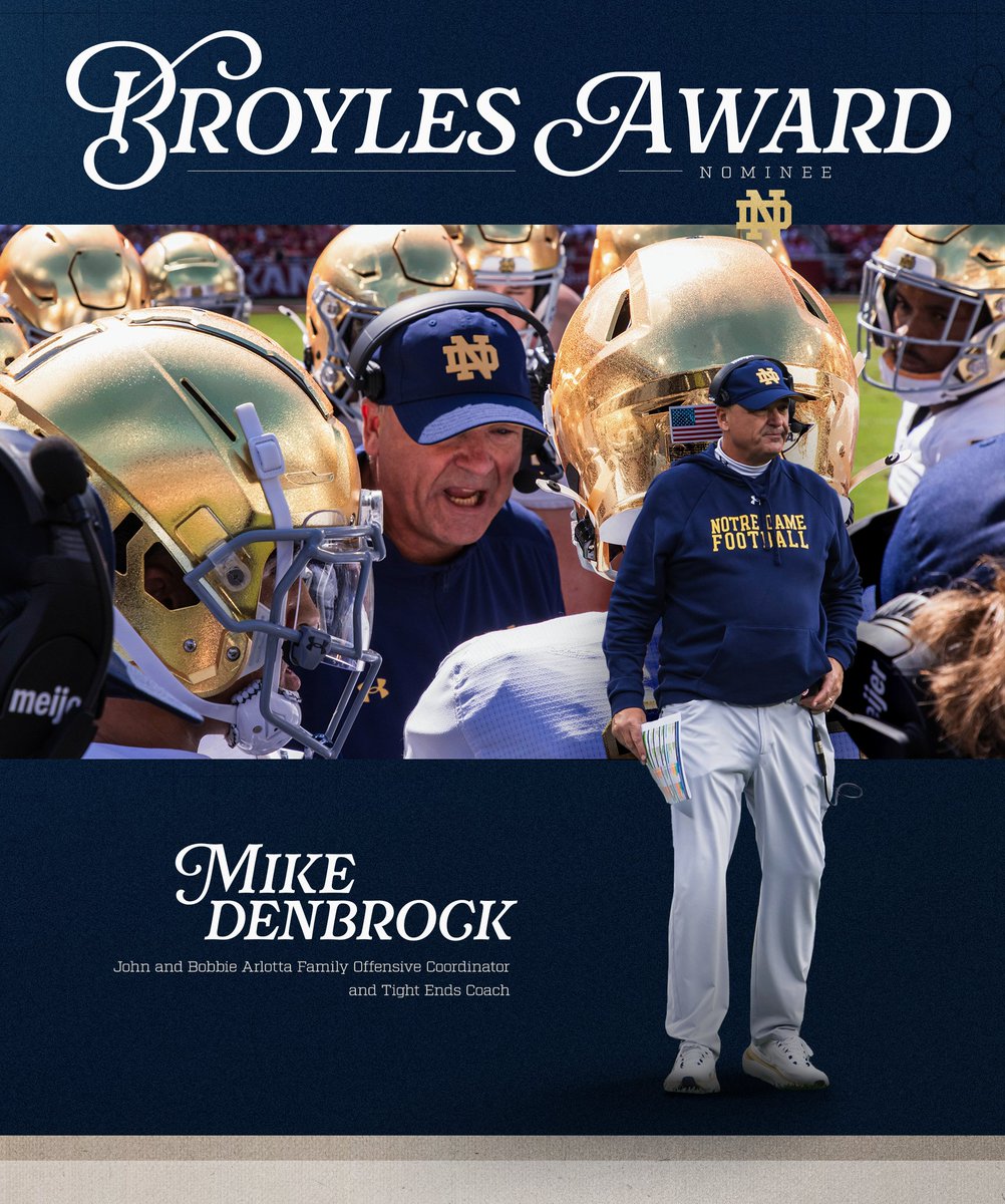 NDFootball's tweet image. Mike Denbrock has been named a Broyles Award nominee 

An annual award honoring the best assistant coach in college football ☘️

Vote for Coach Denbrock ➡️ BroylesAward.com/vote 

#GoIrish☘️ | @MikeDenbrock | @BroylesAward