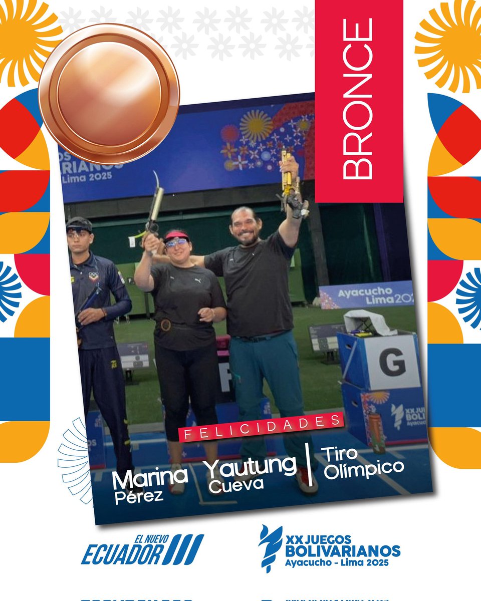 DeporteEc's tweet photo. 🥉PRECISIÓN TRICOLOR🤩

Durante los #JuegosBolivarianos2025, la dupla conformada por 🇪🇨Marina Pérez y 🇪🇨Yautung Cueva se llevan el 🥉BRONCE, en la prueba pistola de aire 10m al vencer 16 – 12 al equipo de 🇨🇱Ester Valenzuela y 🇨🇱Diego Parra.

🎉Felicitaciones👏

🇪🇨#ElNuevoEcuador https://t.co/wnZPDkKir4
