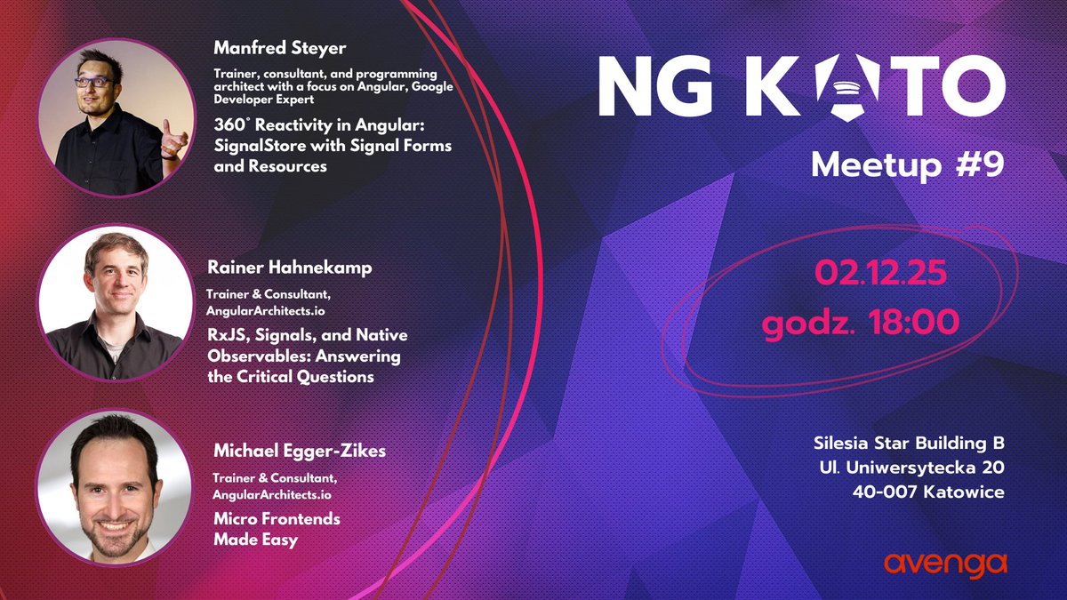 brydziaf's tweet image. The final NG-KATO meetup of 2025 is happening December 2nd, 6 PM in Katowice!🚀
Get the latest Angular insights from experts @ManfredSteyer, @MikeZks, and @rainerhahnekamp.
Reserve your free spot today on Meetup!🌟
meetup.com/ngkato/events/…