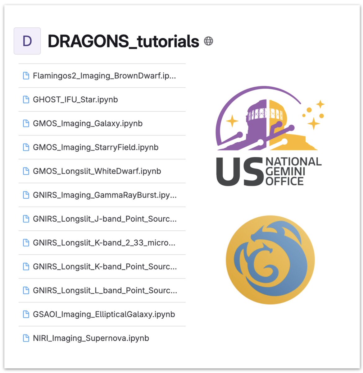 Looking for DRAGONS data reduction tutorials? Check out our GitLab repository 👉 gitlab.com/nsf-noirlab/cs… it features several Jupyter notebooks that walk you through reducing <a href="/GeminiObs/">Gemini Observatory</a> data for different instruments using the DRAGONS API. <a href="/NOIRLabScience/">NOIRLab Science</a>