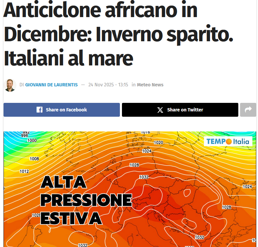 La sagra della disinformazione meteorologica non va in letargo manco d’inverno.

Servono proprio palle d’acciaio, oltre che un livello di cialtroneria fuori scala, per titolare: «Anticiclone africano a dicembre, italiani in spiaggia!» Se ne fregano della realtà, purché scattino i