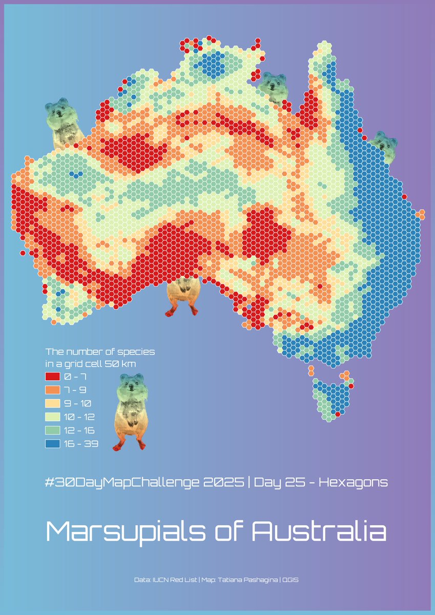 viola__alba's tweet image. #30DayMapChallenge Day 25 – Hexagons.
Marsupials of Australia🤷‍♀️☺️🦘🐨🌏🇦🇺
❤️🧡💛💚💙💜🤍
#map #dataviz #QGIS