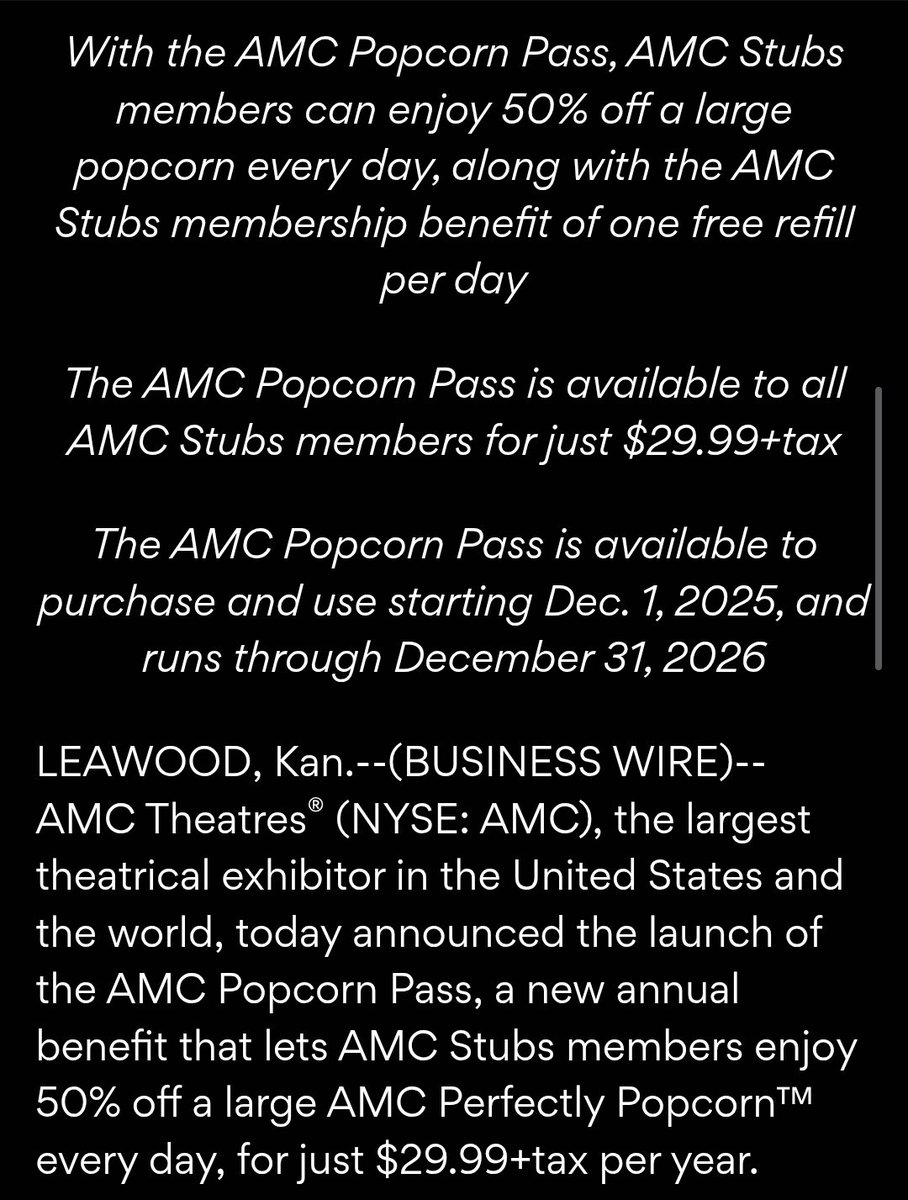Natep717's tweet image. ⚠️BREAKINGNEWS⚠️ #AMC just announced its &quot;Popcorn Pass&quot; details are below⤵️👀
#AMCStockNews #AMCNews