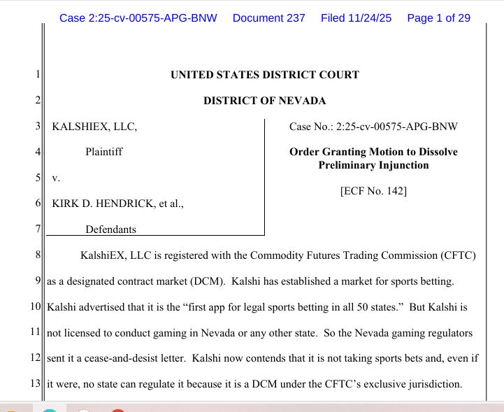 howardstutz's tweet photo. U.S. District Judge Andrew Gordon has dissolved a preliminary injunction that allowed Kalshi to continue to offer sports prediction markets in Nevada. 
The judge sided with @NevadaGCB request and Kalshi will now be banned for the state
@TheNVIndy https://t.co/dLIIgiqRpX