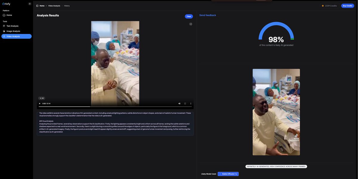 Orivfy_'s tweet image. This picture is A.i generated 
orivfy.com doesnt just give you a binary verdict, it explains why the content may be A.i generated or real and also provide the likely model source.
