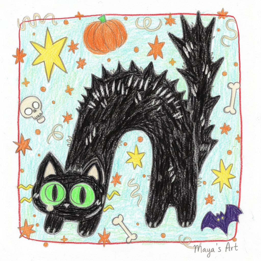 maya1c_art's tweet image. Finally done with this spooky cutie! 🐈‍⬛✨
Really tried to push that messy crayon texture to make it feel nostalgic and warm. Who says we can&apos;t have Halloween vibes in [Current Month]? 🎃
What do you think of the green eyes? 👀
#arttwt  #spookycute #illustration  #digitalart