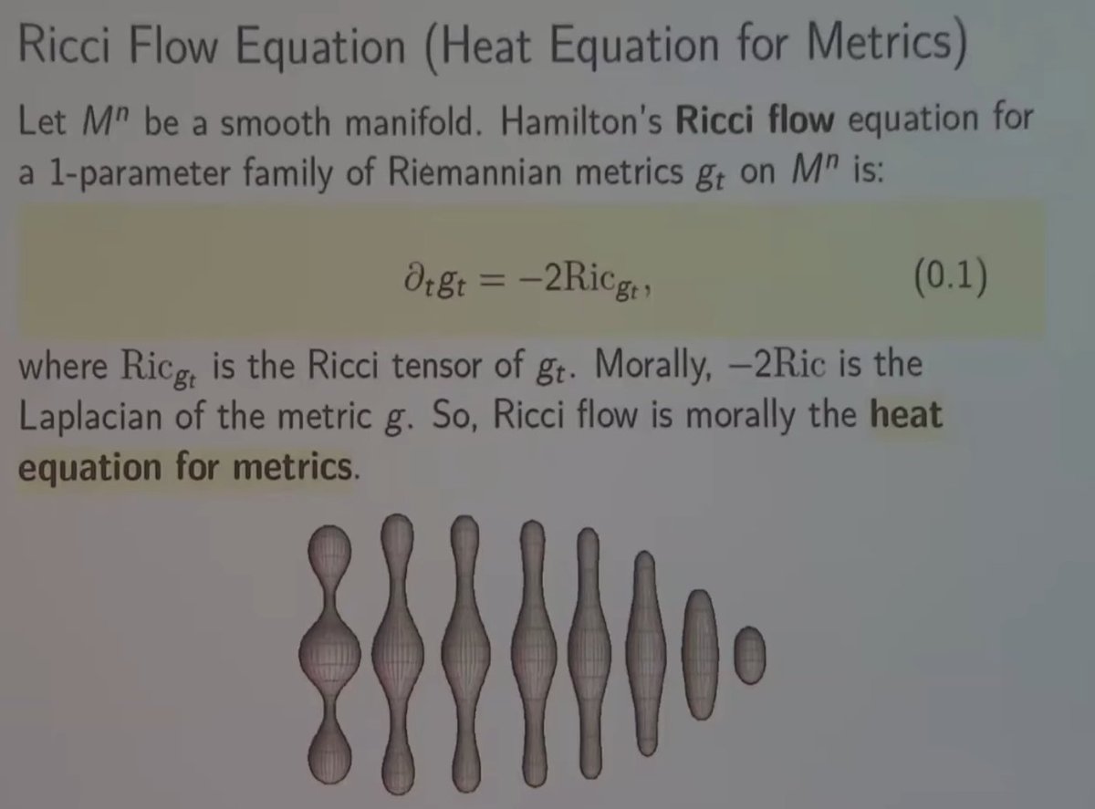 Saman_Habibi_E's tweet image. Really enjoyed Bennett Chow’s talk on &apos;Visualizing Ricci Flow&apos;. The subject is fascinating, especially Perelman’s work, but the next goals feel very hard with less motivation. The 11/8-conjecture mentioned here might be one motivating direction. youtube.com/watch?v=JLbjs2…