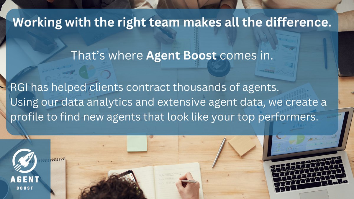 RGI_Solutions's tweet image. Working with the right team makes all the difference. With Agent Boost, RGI has helped clients contract thousands of agents. Using our data analytics and extensive agent data, we create a profile to find new agents that look like your top performers. rgida.com/agent-recruitm…