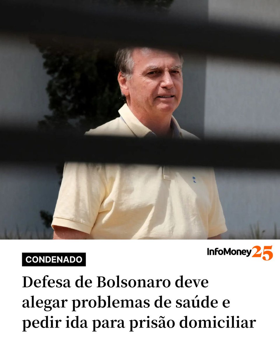 CONDENADO

A defesa do ex-presidente Jair Bolsonaro deve apresentar um pedido para que o ex-mandatário cumpra prisão domiciliar devido a problemas de saúde após o Supremo Tribunal Federal (STF) reconhecer o trânsito em julgado do processo.

O ex-presidente estava preso