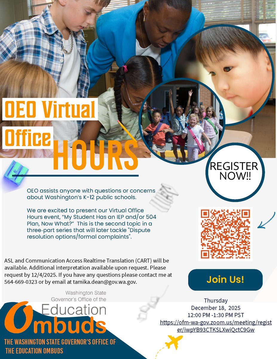 Join OEO for virtual event Dec. 18 from 12-1:30 p.m. “My Student Has an IEP and/or 504 Plan, Now What?” Register: ofm-wa-gov.zoom.us/meeting/regist…