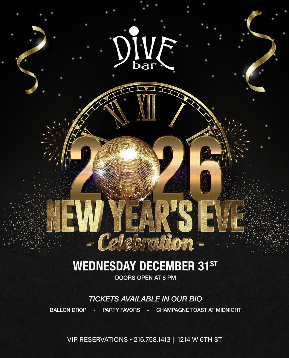 ✨ NYE 2026 at Dive Bar ✨
Cleveland, we’re going big again.
Dec 31 • Doors at 8PM

🎈 Balloon drop
🥂 Midnight champagne toast
🎉 Party favors

🎟️ Tickets in bio
VIP will sell out — lock it in.
1214 W 6th • 216.758.1413