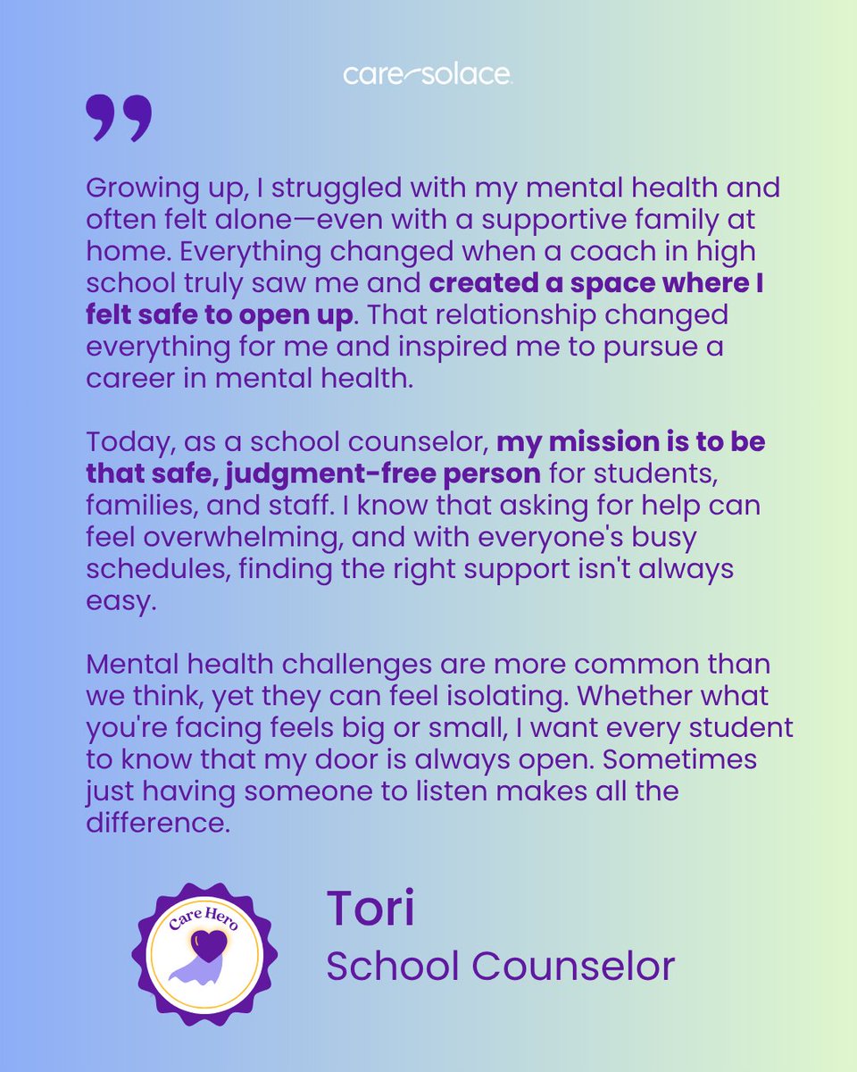Today we’re celebrating Tori, a school counselor who turned her own mental health struggles into a mission to support others. She listens without judgment, keeps her door open, and reminds her school community they’re never alone. 💚 #CareHero #MentalHealthMatters