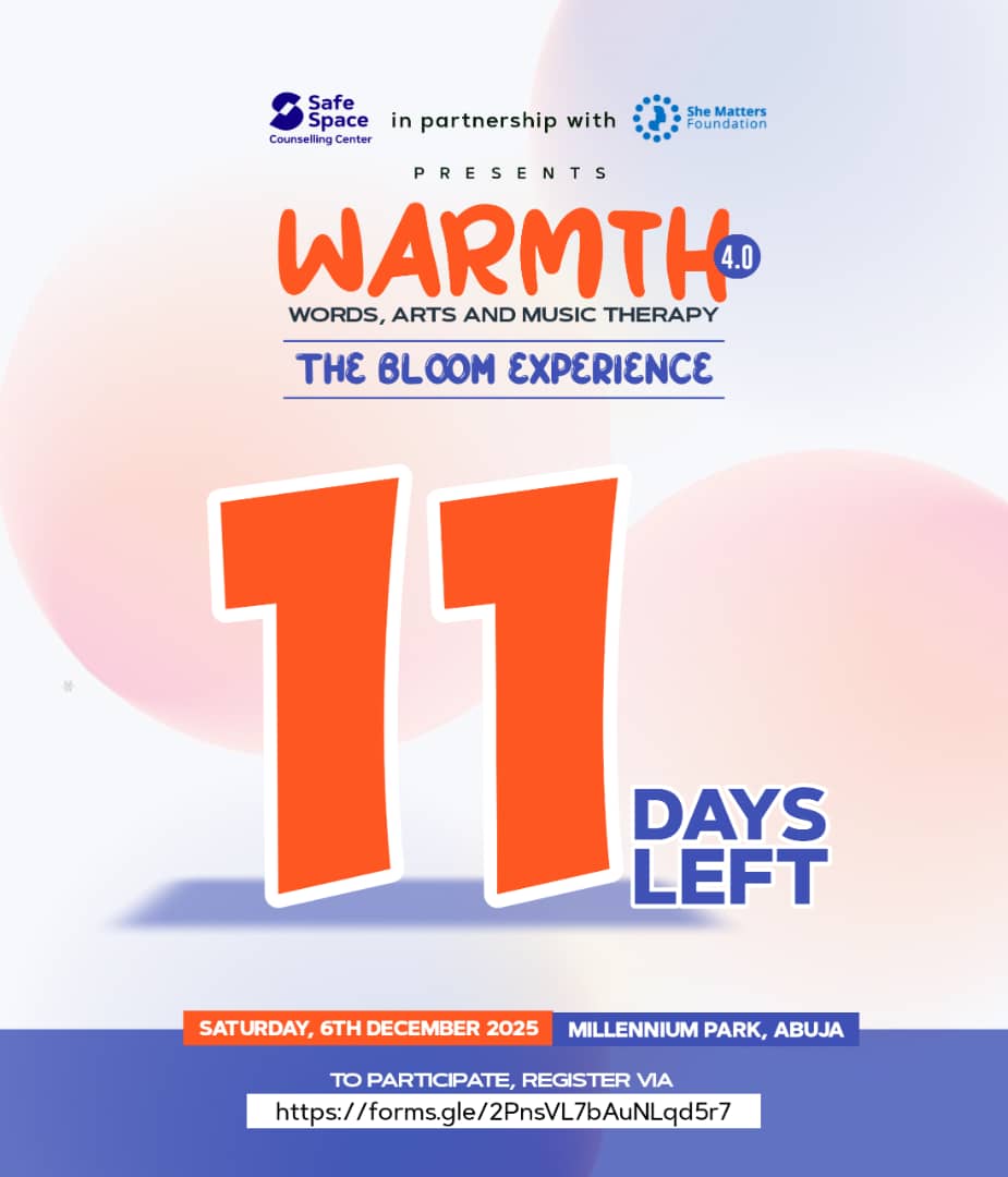 11 days to go! 

Join us at Millennium Park, Abuja for a transformational experience. #therapy #safespace #fypシ゚シ #warmth