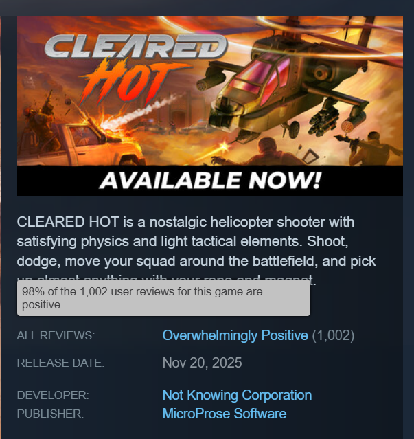We just crossed 1,000 reviews, at 98% positive! THANK YOU!!

We have things we need to fix in the game, but I think the reviews are showing that it's hitting the right emotions. 

Feels good to make a game that makes people feel good 🙂