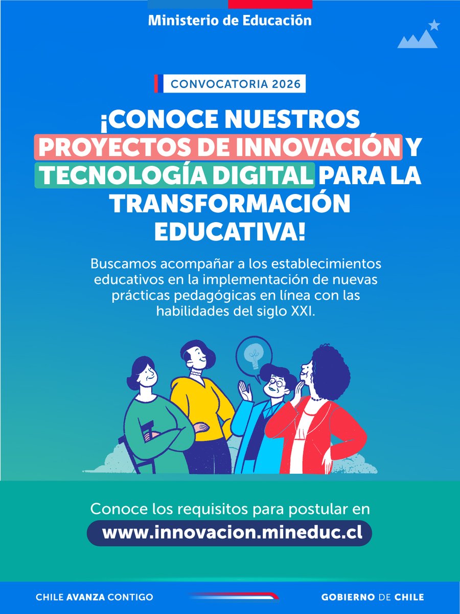 📣 ¿Sabías que tu establecimiento podría postular a proyectos de Innovación y Tecnología Digital 2026 para apoyar la implementación de experiencias de innovación educativa?

🔗 Revisa todos los requisitos y postula en: innovacion.mineduc.cl/convocatoria-2…