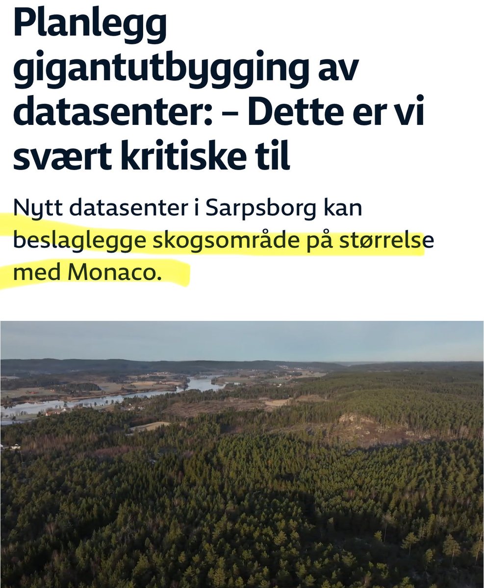 utbytteprinsen's tweet image. Norge kjøper klimakvoter i utlandet ved å få andre land til å bevare og verne natur og skogsområder.
Men her hjemme skal vi hogge ned og bygge datasentre 🤔
Hvor mange #permanente arbeidsplasser skapes? Hvor mye norsk kraft legger et slikt datasenter beslag på?