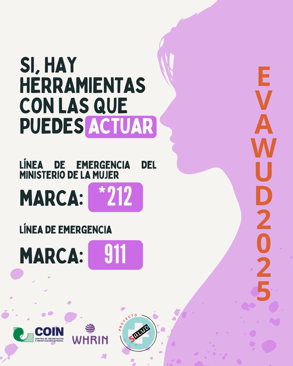 🟣No estás sola. Si tú o alguien que conoces vive violencia, hay herramientas para actuar:
📞 Línea de Emergencia del Ministerio de la Mujer: 212
📞 Línea de emergencia nacional: 911

Romper el silencio puede salvar vidas. Comparte esta información.
#EVAWUD2025 #NiUnaMenos