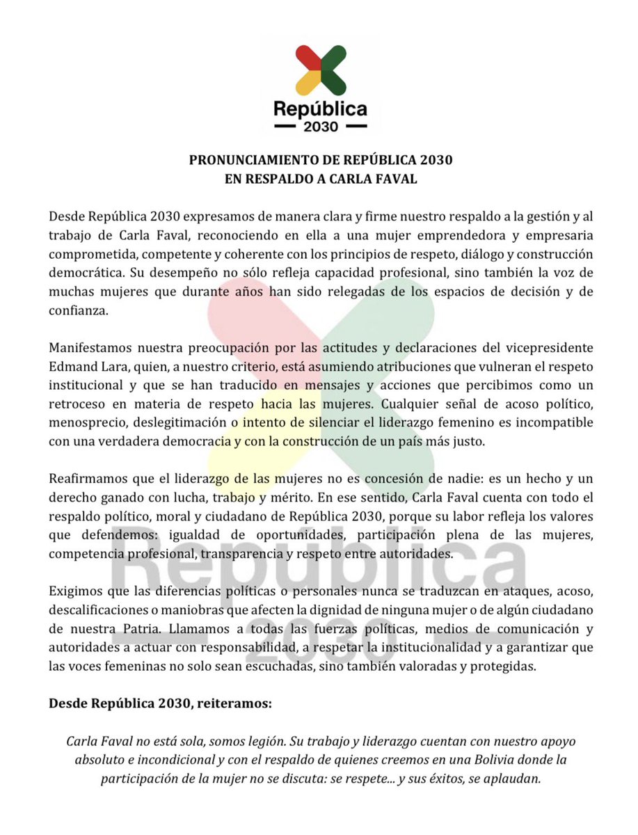 Pronunciamiento de respaldo a <a href="/FavalCarla/">Carla Faval</a> vocera del Presidente <a href="/Rodrigo_PazP/">Rodrigo Paz Pereira</a>