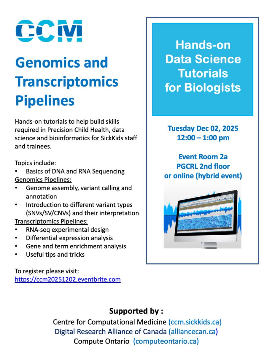 CompMedicine's tweet image. Genomics &amp;amp; Transcriptomics Pipelines

Hybrid training for SickKids staff &amp;amp; trainees: learn sequencing basics, variant analysis &amp;amp; RNA-Seq workflows.

🔗 Register: ccm20251202.eventbrite.com

#Genomics #Transcriptomics #Bioinformatics #Training
