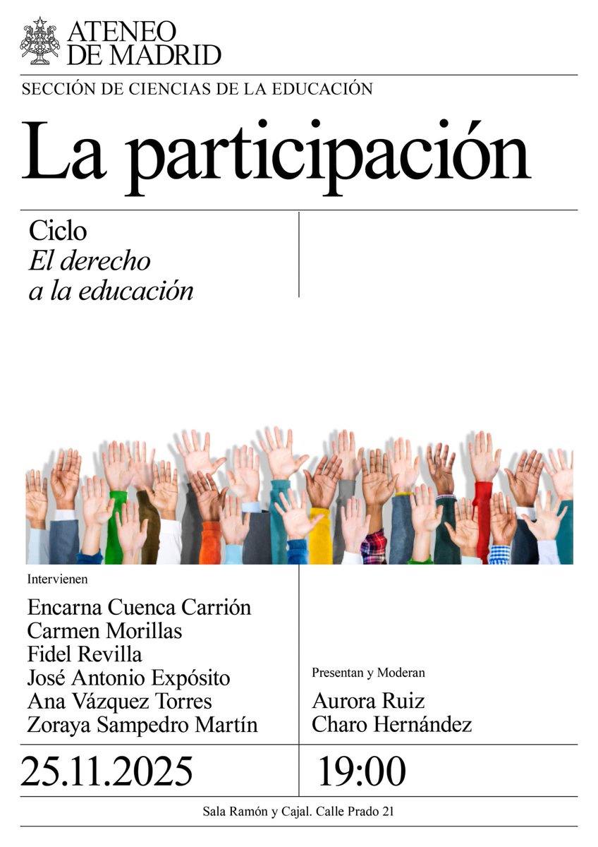 Sección de Educación <a href="/SeccEduAteneoM/">Sección de Educación del Ateneo de Madrid</a> <a href="/ateneodemadrid/">Ateneo de Madrid</a> 
LA #PARTICIPACIÓN 
Ciclo: El derecho a la educación 

Los centros educativos en la que las familias participan y las Comunidades Educativas van de la mano se obtienen mejores resultados.

#FAPAsomosFamilias