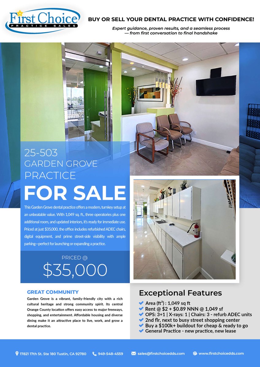 FirstChoicePS's tweet image. 🦷 Dental Practice for Sale – Garden Grove, CA

Prime Orange County location, modern operatories &amp;amp; loyal patient base. A smart move for dentists ready to grow their career &amp;amp; business.

👉 Learn more: firstchoicedds.com/dental-office-…

First Choice Practice Sales, Inc.
949-548-4559 |…