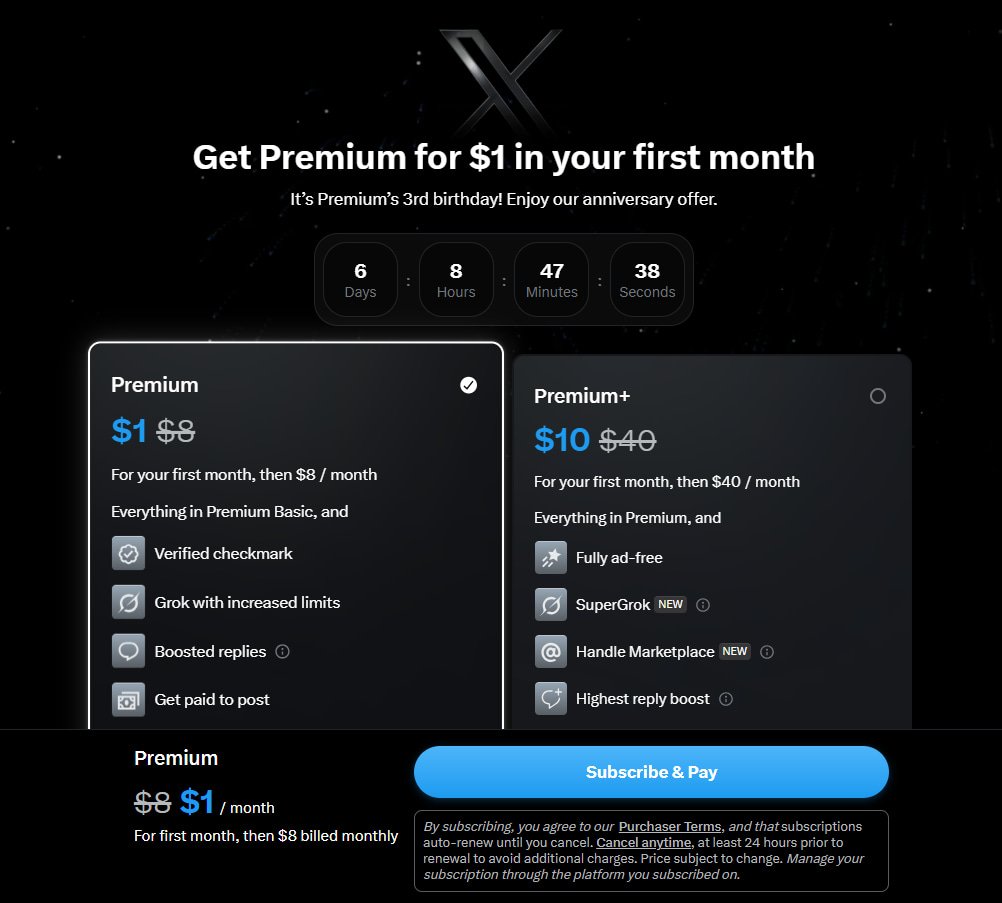 blankspeaker's tweet image. X is celebrating Premium&apos;s  3rd Birthday and is offering new Premium signups at 1$ for your first month or 10$ for you first month of Premium+

Check it out now before this offer expires in  about 6 days.