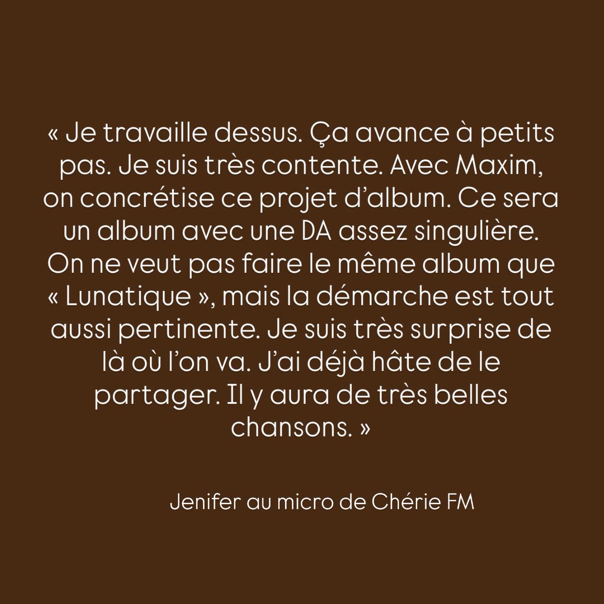 🔴 INFO

<a href="/JeniferOfficiel/">Jenifer</a> donne des précisions sur son 10e album avec Yodélice 😍

« Ça avance. Je suis très contente. Ce sera un album avec une DA assez singulière. J’ai déjà hâte de le partager. Il y aura de très belles chansons. » 

Vous avez hâte ? 🥰