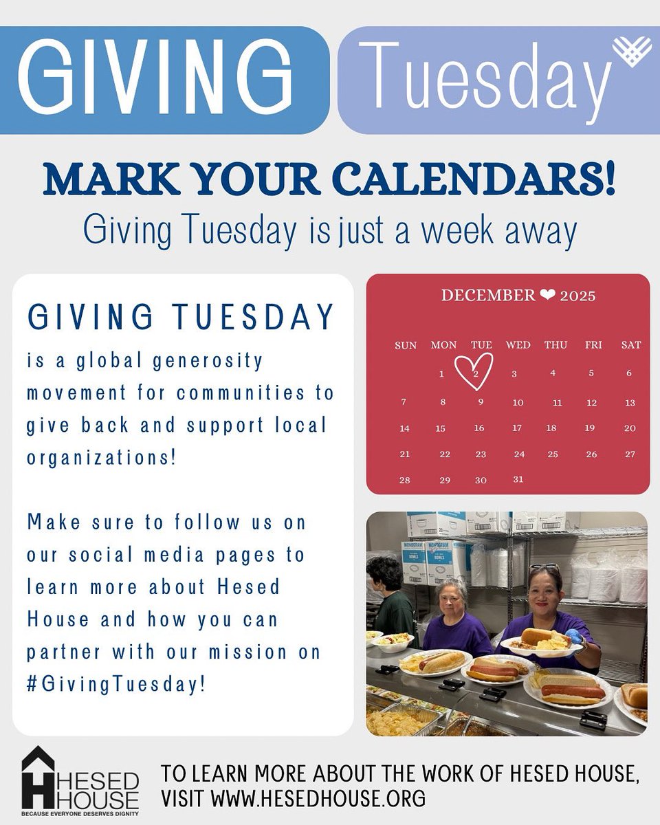 #GivingTuesday is one week away! Make sure to follow us on social media to learn more about partnering with hesed house in honor of #GivingTuesday!