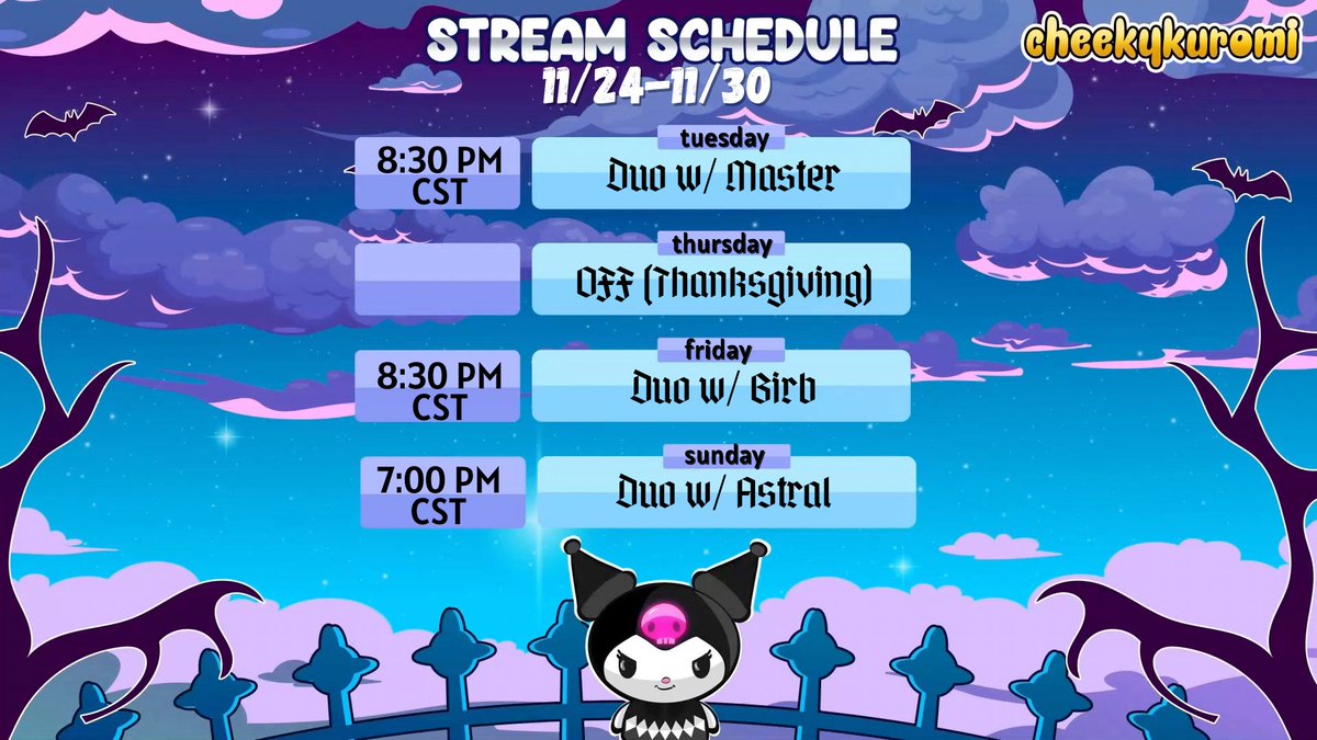 💜 new stream schedule! 💜

lots of collabs this week!! i’ll be playing with <a href="/masterofpuns1/">Master of Puns</a>, <a href="/birb3D/">birb3D</a>, &amp; <a href="/AstralNestTV/">AstralNestTV</a> this week!! 🥳

have a great week everyone! 💖