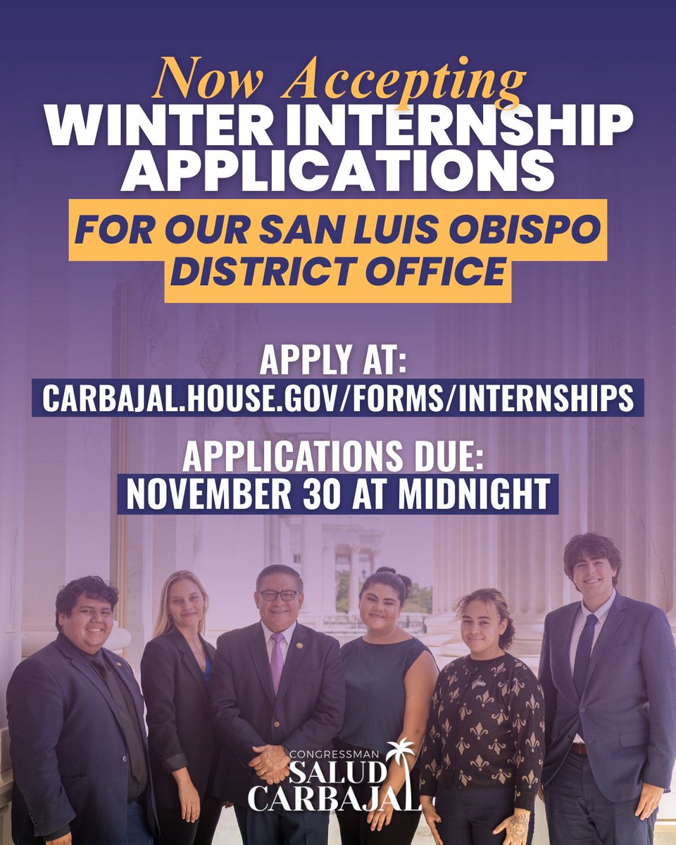 RepCarbajal's tweet image. 📣 Now accepting applications for our Winter Internship Program in the San Luis Obispo District Office through November 30 at midnight!

If you’re passionate about public service and ready to serve our Central Coast community, I encourage you to apply. Learn more and submit your…