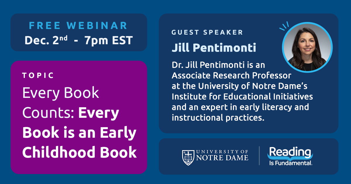 RIFWEB's tweet image. Next Tuesday, 12/2, 7PM ET, join us for our next webinar, Every Book is an Early Childhood Book featuring Dr. @JillPentimonti from @NotreDame. Educators can learn practical ways to use read alouds to promote early literacy skills. Register now: bit.ly/3JVkZEk