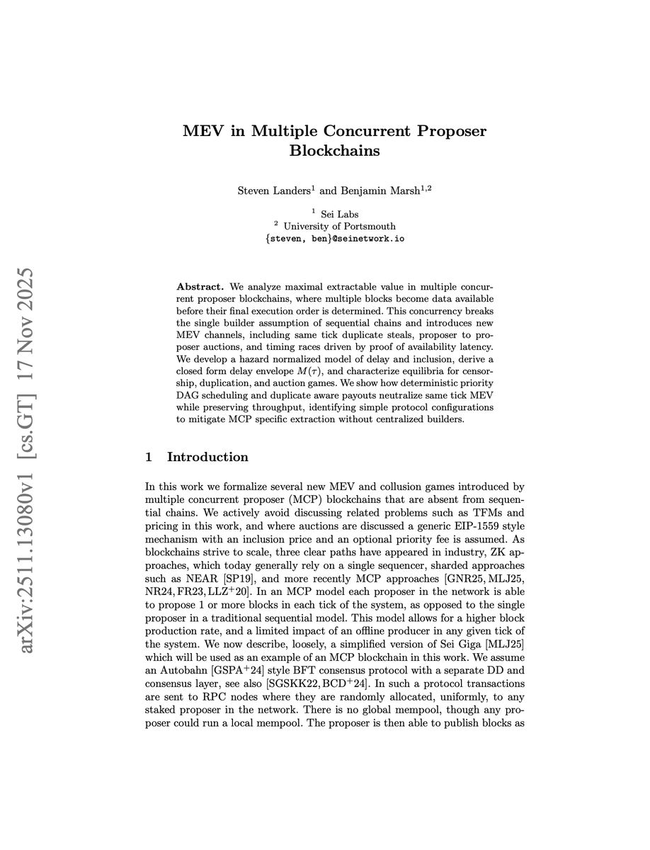 Sei_Labs's tweet photo. Next generation blockchains like Sei Giga will create types of MEV that are completely new, and poorly understood.

Today, we share the first ever paper exploring MEV in next-generation blockchains.

With this we can protect users from this MEV, before they can be affected. https://t.co/oNB9fAmQUp