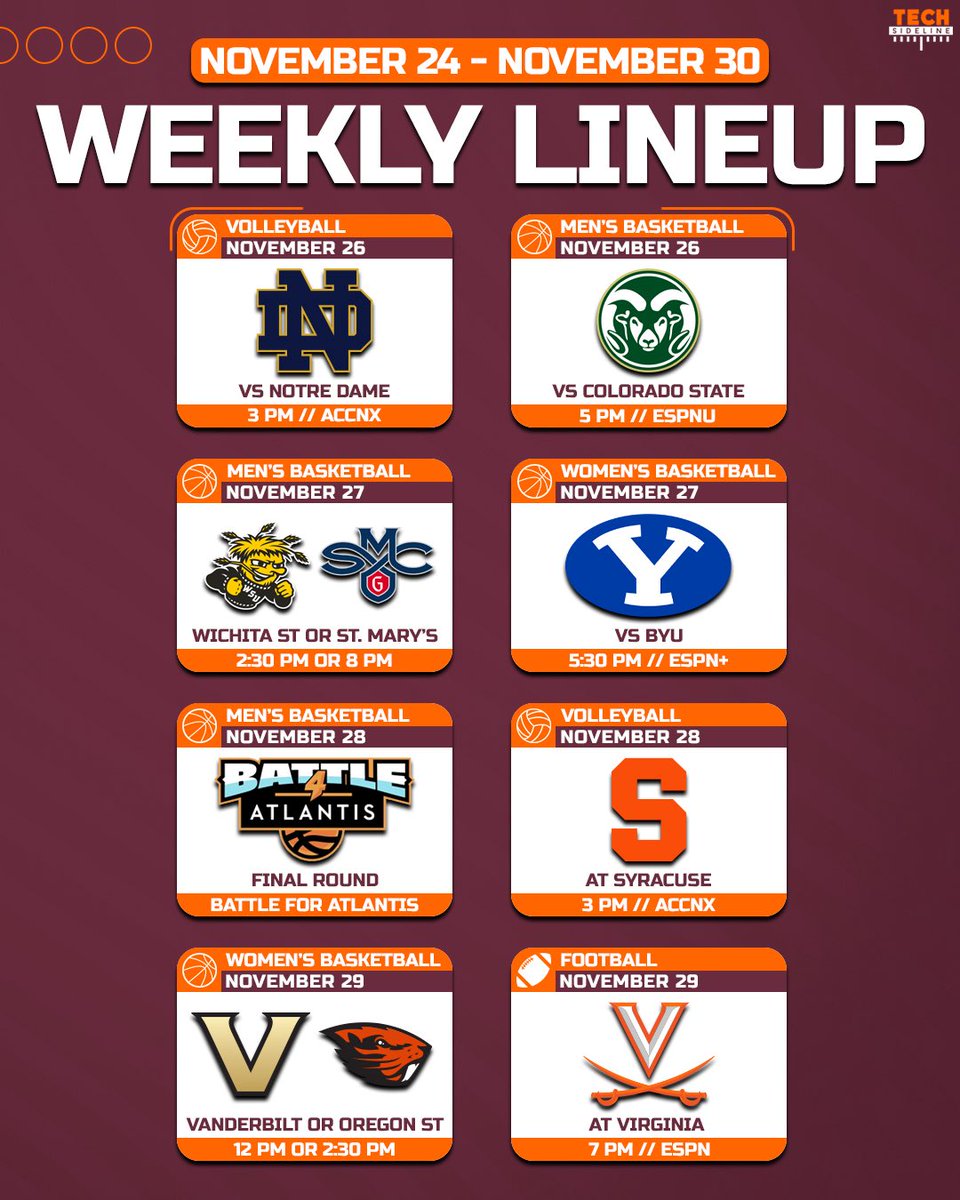 TechSideline's tweet image. Here’s your Thanksgiving week Virginia Tech athletics lineup!

#Hokies