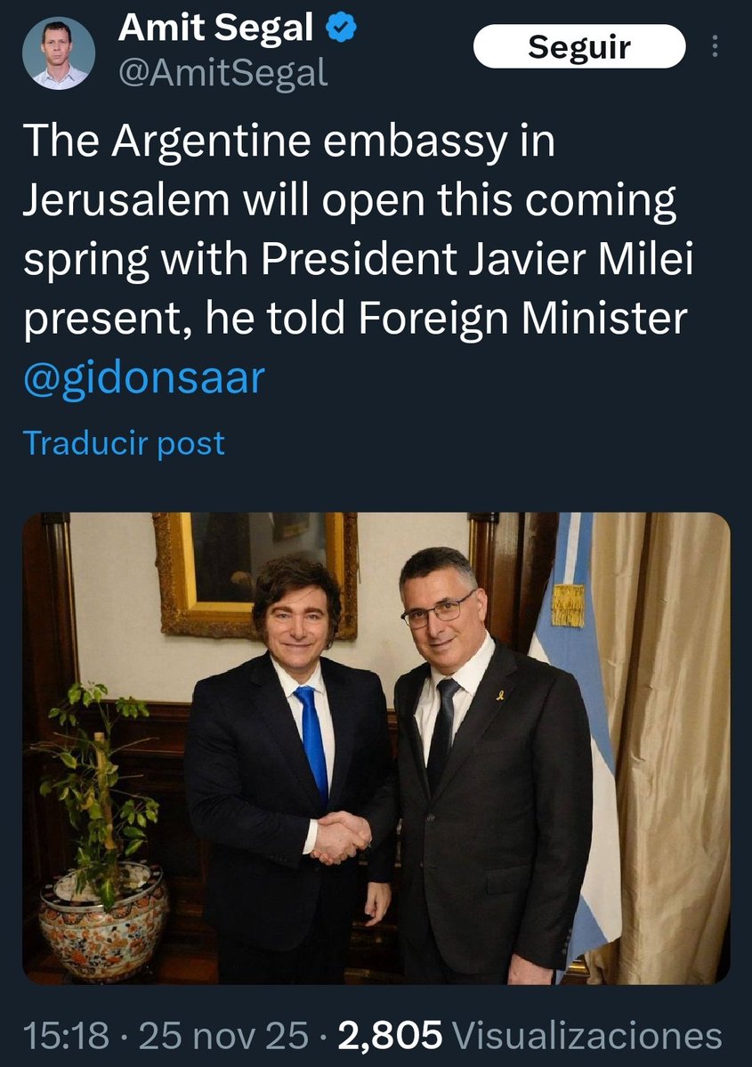 En la prensa de Israel ya dan como un hecho de que Milei trasladará la embajada argentina a Jerusalén, lo que traerá serios problemas diplomáticos con el mundo árabe y quiebra nuestra neutralidad histórica.
Pactos hechos sobre la tragedia y el dolor del Pueblo Palestino.