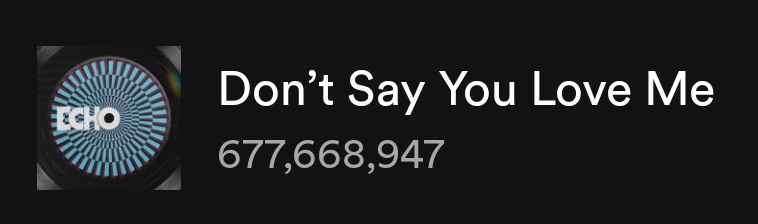 minygthv7's tweet image. Don&apos;t Say You Love Me — Spotify Counter

11/20 — 3,065,796
11/21 — 2,895,189
11/22 — 2,854,629
11/23 — 2,932,311 (+77,682)
11/24 — 3,002,685 (+70,374)🔥

Total: 677,668,947