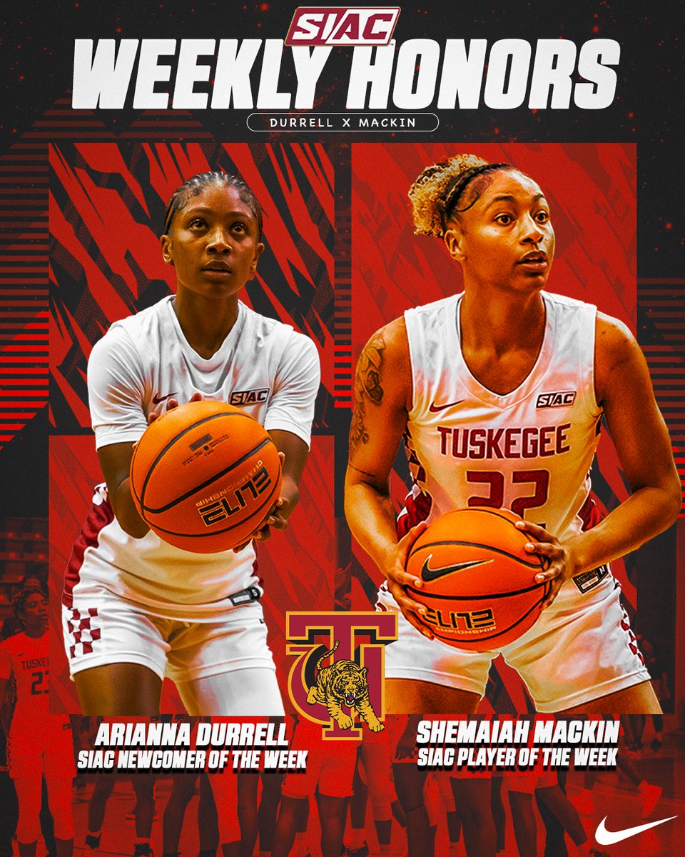 Back-to-back wins, and now a weekly award sweep, Arianna Durrell (Newcomer) and Shemaiah Mackin (Player) take home SIAC honors after leading TU to a perfect week. 

#SkegeeWBB l #MyTUAthletics l #PlayersOftheWeek