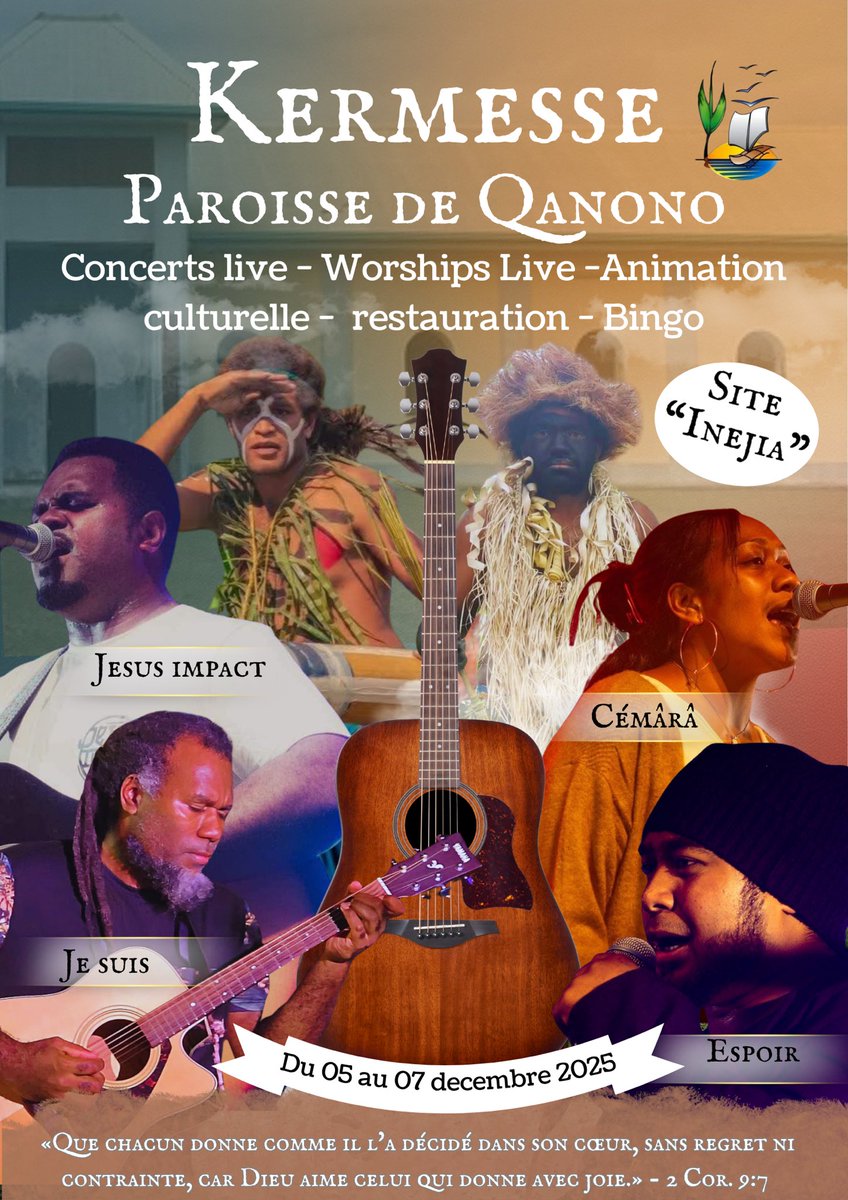 myesnj's tweet photo. À l’occasion de sa kermesse, la paroisse de Qanono organise un concert Chrétien le samedi 6 décembre 2025 au site Inejia (Qanono) avec les groupes chrétiens locaux tels que Cémârâ (Ponerihouen), Espoir (Kone), Jésus Impact (Nouméa), Je suis (Kone), et Yvalevos (Lifou). #iesulamel https://t.co/gaDZEOzFk0
