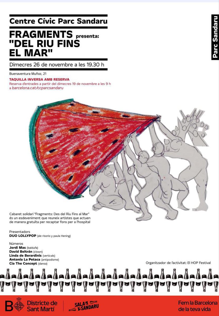 🍉🍉🍉 Aquest dimecres, a les 19:30h, cabaret de circ solidari amb Palestina.  “Fragments: Des del Riu Fins al Mar” organitzat pel <a href="/hopbcn/">HOP Festival</a> al <a href="/parcsandaru/">CC Sandaru</a>. Taquilla inversa: els fons recollits van l'hospital Al Awda de Gaza. Només cal inscripció prèvia >> sandaru.inscripcionscc.com/MiramModular/b…