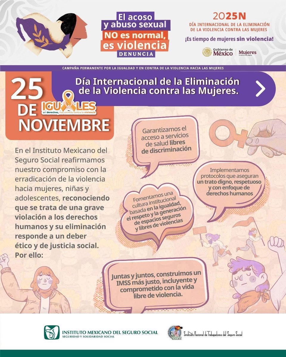 🧡 Este 25 de noviembre en el #IMSSSONORA reafirmamos nuestro compromiso con una vida libre de violencia hacia las mujeres.

En el IMSS impulsamos la igualdad, el respeto y espacios seguros para todas.

#SúmateContraLasViolencias
