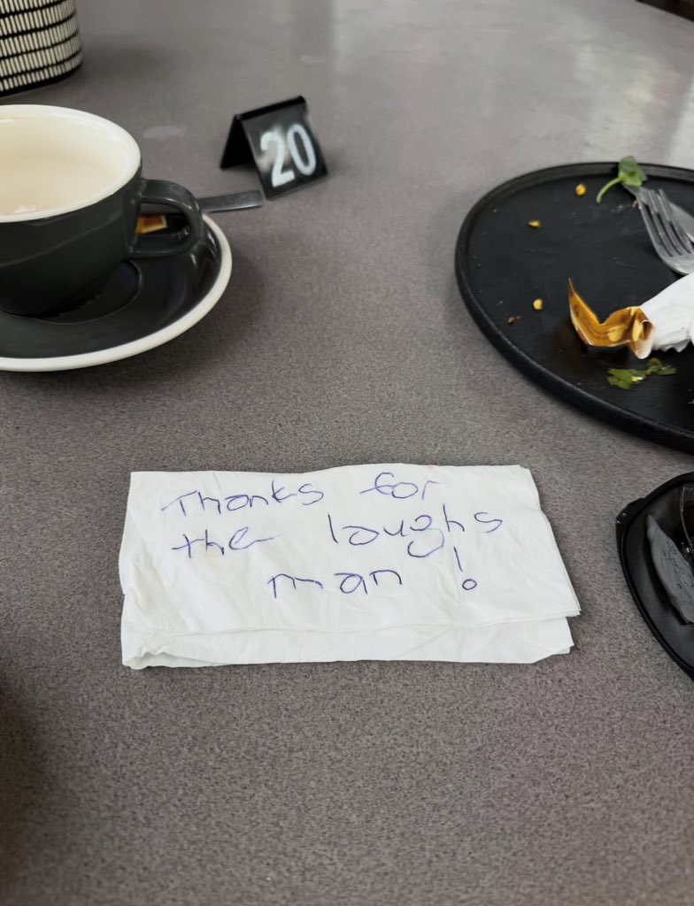 A man around my age just handed me this message on a napkin in a cafe in Palmerston North in New Zealand. Men aren't always great at communicating but sometimes they nail it. He just made my day and it's only 8am. Thanks brother 😊🙏