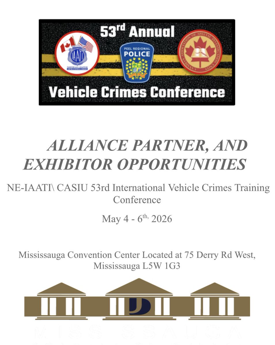 53rd Annual Vehicle Crimes Conference!! Hosted by NE-IAATI  in Mississauga May 4-6, 2026. Collaboration across sectors to combat vehicle theft. QR for registration available shortly! Spread the word! vehiclecrimesconference.com
<a href="/PeelPolice/">Peel Regional Police</a> <a href="/DC_Milinovich/">Deputy Chief Nick Milinovich</a> <a href="/InspBrennan/">Sean Brennan</a> <a href="/ShelleyPRP1997/">Superintendent Shelley Thompson</a>