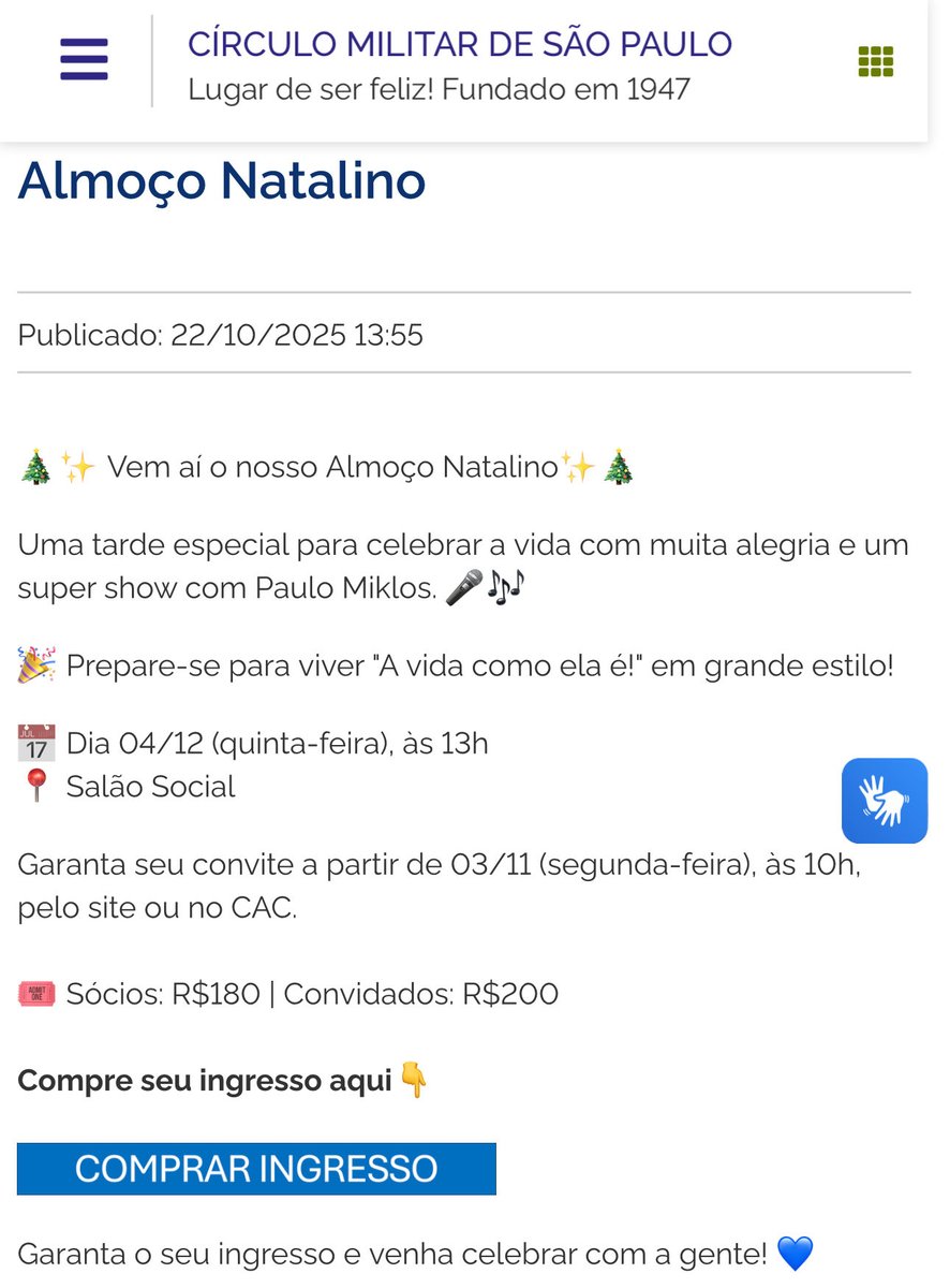 O Círculo Militar de São Paulo vai “celebrar a vida, com muita alegria”, no próximo dia 4/dez, em um almoço natalino com Paulo Miklos. 

Olavo passou a vida tentando ensinar algo aos militares sobre a guerra cultural, sem sucesso algum.