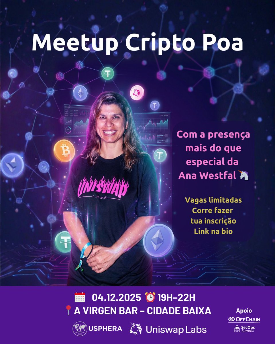🔥 ALERTA DE FOMO REAL

As vagas do Meetup Cripto Poa tão evaporando.

Quer ouvir a <a href="/anawestfal/">Ana Westfal</a> da <a href="/Uniswap/">Uniswap Labs 🦄</a> e conectar com a galera builder do Sul?

Então acelera:
➡️ forms.gle/iKv7SqxDbPPSp8…

Let’s build, PoA. 🦄⚡

#criptoparty #DEFİ #meetup