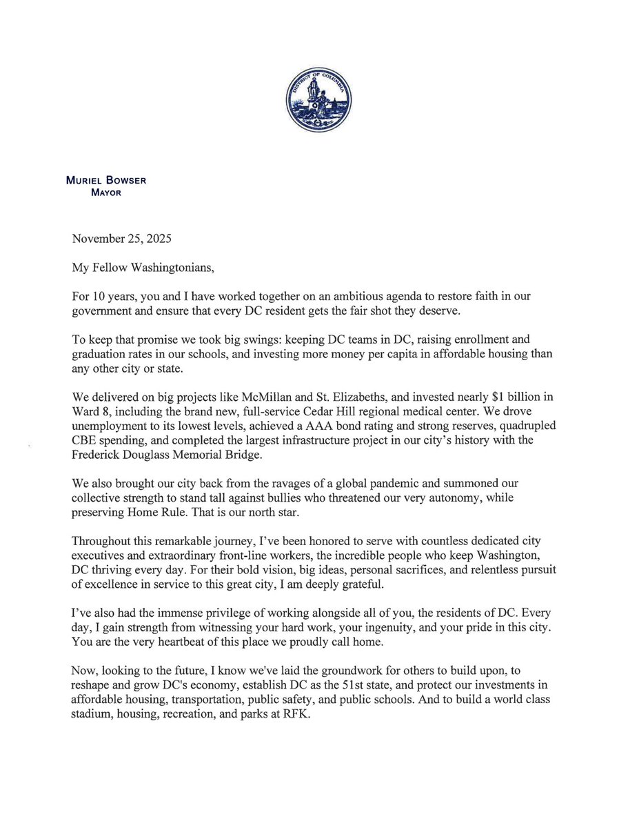 MayorBowser's tweet image. It has been the honor of a lifetime to be your mayor.

My full letter to the community: