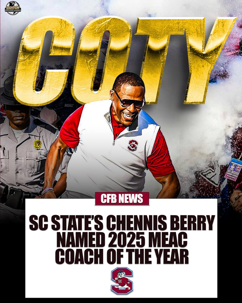 LightOnSports's tweet image. SC State head coach Chennis Berry has been named the 2025 MEAC Coach of the Year 🏆

(via @MEACSports)