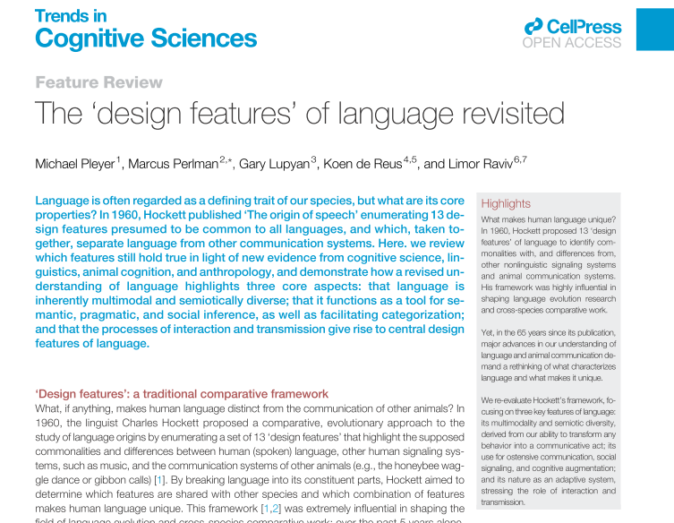 symbolicstorage's tweet image. 🚨 NEW PUBLICATION ALERT!🚨
The &apos;Design Features&apos; of Language Revisited (w/ Marcus Perlman, @glupyan, Koen de Reus &amp;amp; @Limor_Raviv ). 
Feature Review out now in #OpenAccess in @TrendsCognSci!