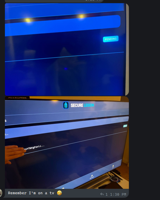soldmysol2pf's tweet image. Lmao the $SECURE beta app is fire, we got dudes in the private chat with it on a fucking TV 

If this isn&apos;t crazy tech then idk what is, this shit is devious.

Millions must chat.

GFJbQ7WDQry73iTaGkJcXKjvi1ViFTFmHSENgz92jFPP