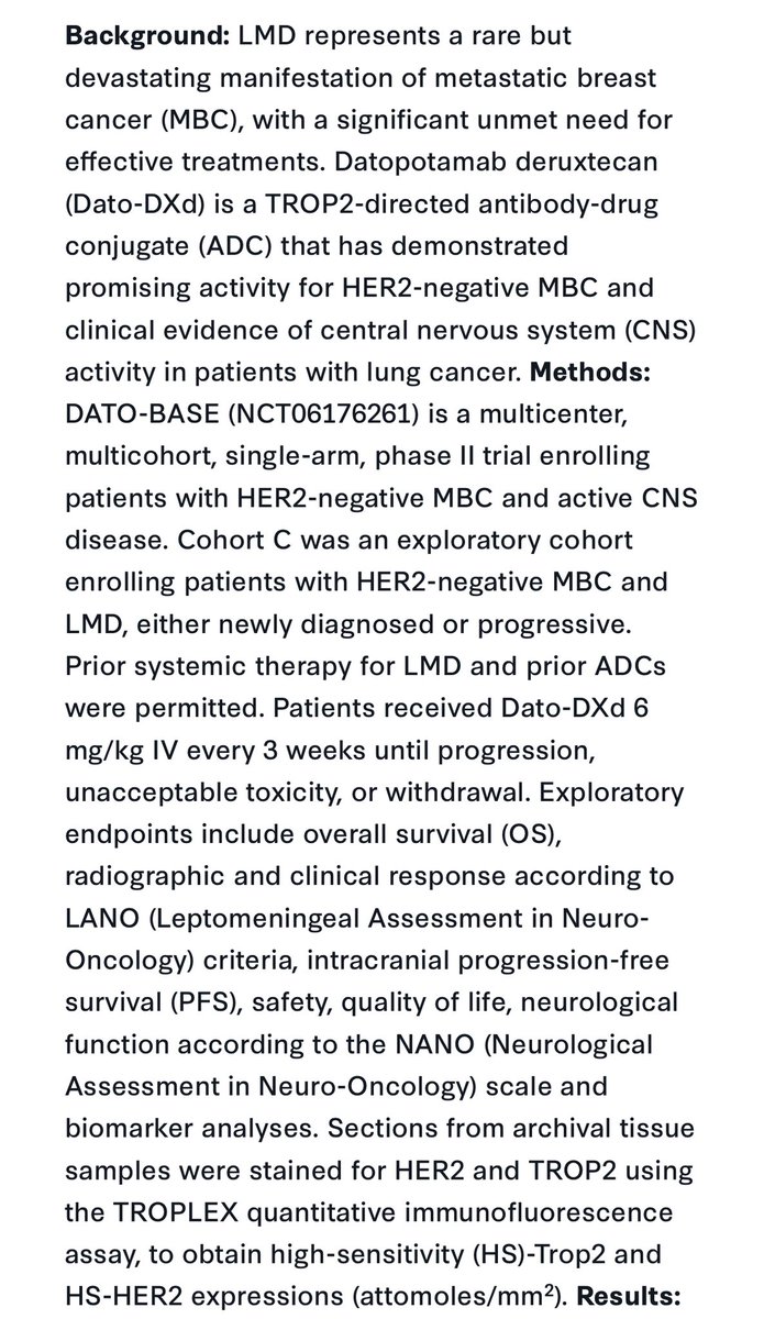 PTarantinoMD's tweet image. At #SABCS25 we’ll present Cohort C of DATO-Base, academic IST and first prospective trial of Dato-DXd in pts with LMD from HER2- MBC.

LANO ORR 30%, mOS 4.7 months but &amp;gt;1 year in ADC-naive pts, benefit on neurological symptoms.

Selected for poster display 🤷‍♂️

Join us to discuss!