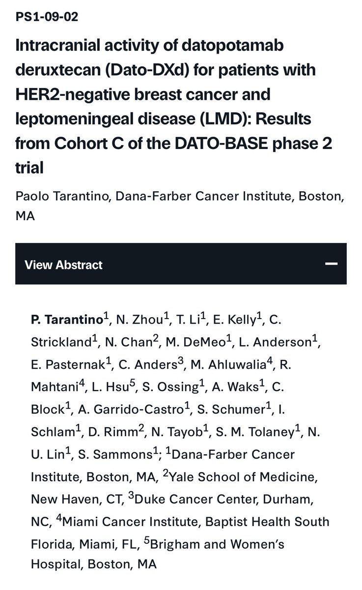PTarantinoMD's tweet image. At #SABCS25 we’ll present Cohort C of DATO-Base, academic IST and first prospective trial of Dato-DXd in pts with LMD from HER2- MBC.

LANO ORR 30%, mOS 4.7 months but &amp;gt;1 year in ADC-naive pts, benefit on neurological symptoms.

Selected for poster display 🤷‍♂️

Join us to discuss!